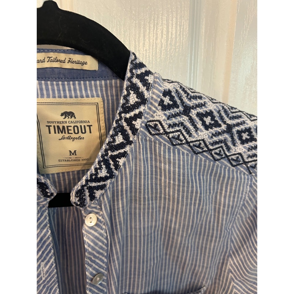 Timeout Tunic Top Blue White Striped Embroidered Shoulder Long Sleeve Blouse - Picture 5 of 7